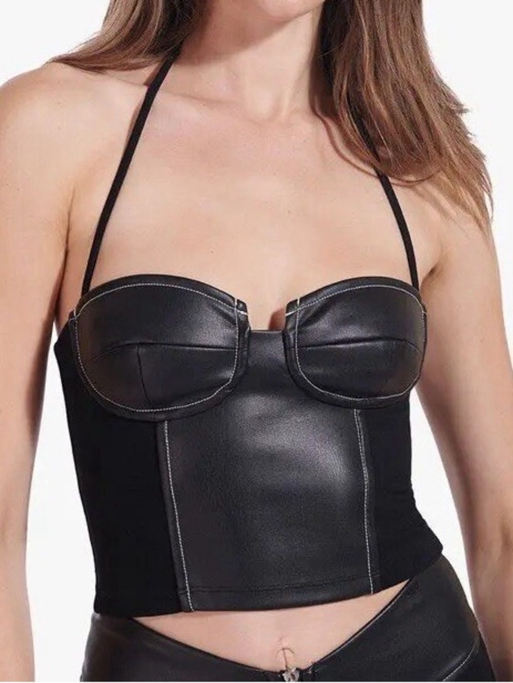 Staud Glen Top Black Faux Leather and Fabric Corset Crop Halter